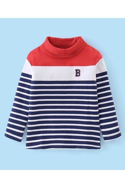 Babyhug تي شيرت Babyhug من القطن والليكرا بأكمام طويلة ورقبة مدورة وخطوط - أحمر وأزرق داكن