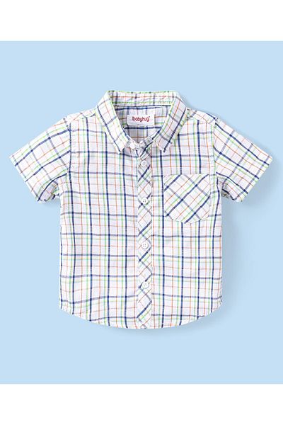 Babyhug Babyhug Cotton Woven Half Sleeves Checks Shirt & Denim Shorts Set - White & Navy Blue