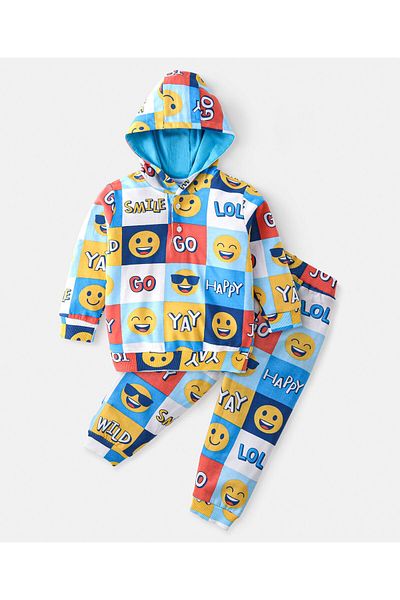 Babyhug Babyhug Terry Knit Full Sleeves Hooded T-Shirt & Pant Set with Text Print - Multicolour