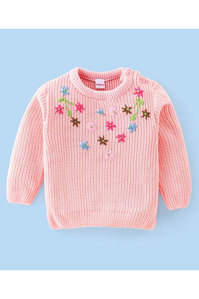 Babyhug Babyhug Knitted Full Sleeves Sweater With Floral Embroidery - Peach