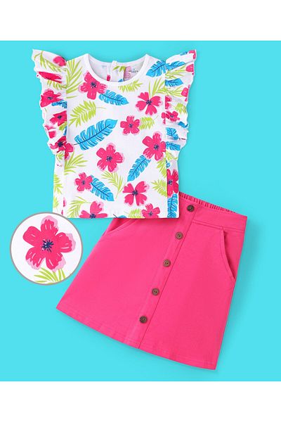 Ollington St. Ollington St. 100% Cotton Frill Sleeve Top & Skirt Button  & Floral Printed-White & Hot Pink