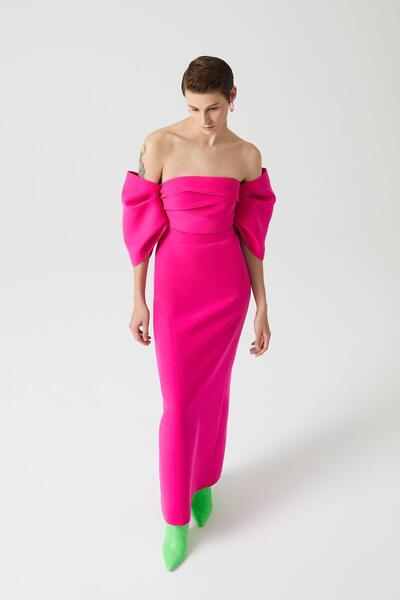 cercis فستان سهرة طويل بدون حمالات بأكمام منتفخة