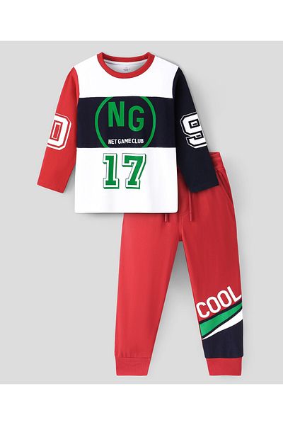 Ollington St. Ollington St. 100% Cotton Knit Full Sleeves T-Shirt With Joggers with Placement Print  - White & Red