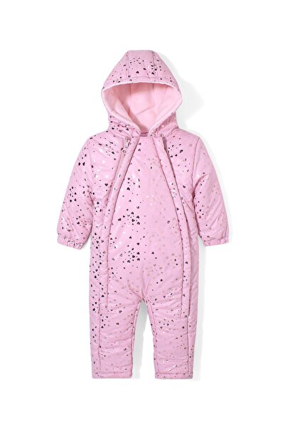 Babyhug Babyhug Full Sleeves Hooded Winter Romper Hearts Foil Print - Pink