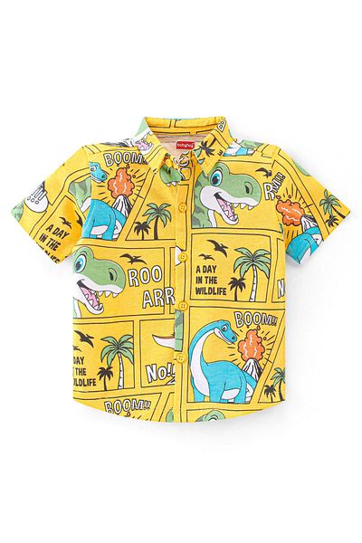 Babyhug Babyhug Cotton Knit Half Sleeves Dino Printed Shirt & Shorts Set - Yellow