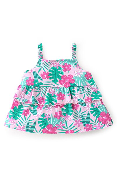 Babyhug Babyhug 100% Cotton Knit Sleeveless Top With Frill Detailing & Tropical Print - Pink