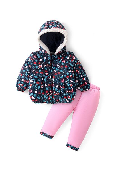 Babyhug Babyhug Woven Full Sleeves Hooded Puffer Winter Wear Suit With Floral Print - Blue