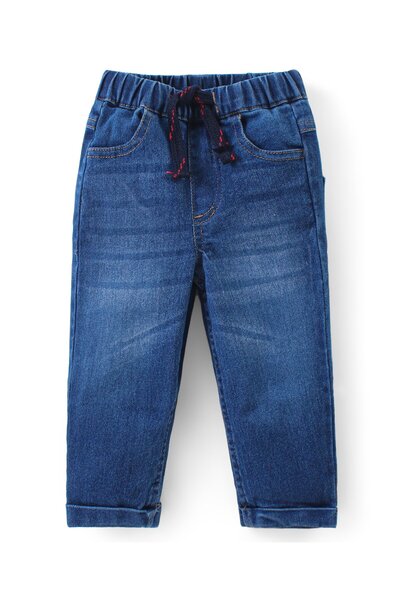 Babyhug Babyhug Cotton Knit Full Sleeve Collared Overlap T-Shirt & Denim Pants Set Text Print-Red & Blue