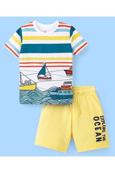 Ollington St. Ollington St. 100% Cotton Knit Half Sleeves T-Shirt & Shorts Set Stripes & Ship Print - Multi Color