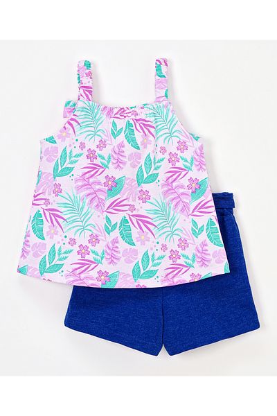 Babyhug Babyhug 100% Cotton Sleeveless Tropical Print Top and Shorts with Bow Applique - Pink & Blue