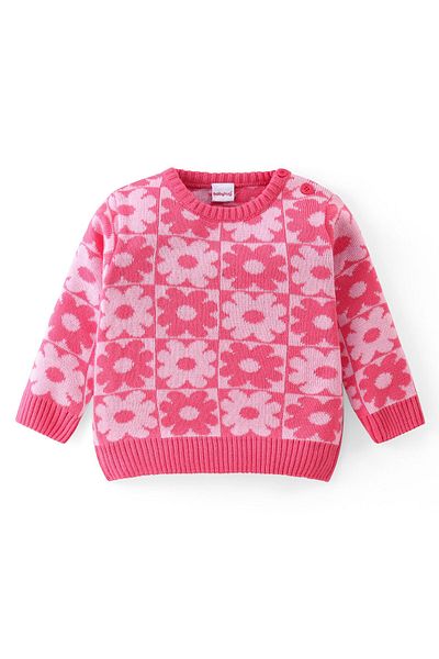 Babyhug Babyhug Knitted Full Sleeves Sweater Set with Floral Design - Pink