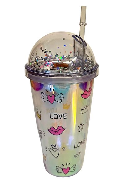 LEON LİFE Leon Life Led Lighted, Heart Themed Figured Fenomen Glass with Straw (450 ml)
