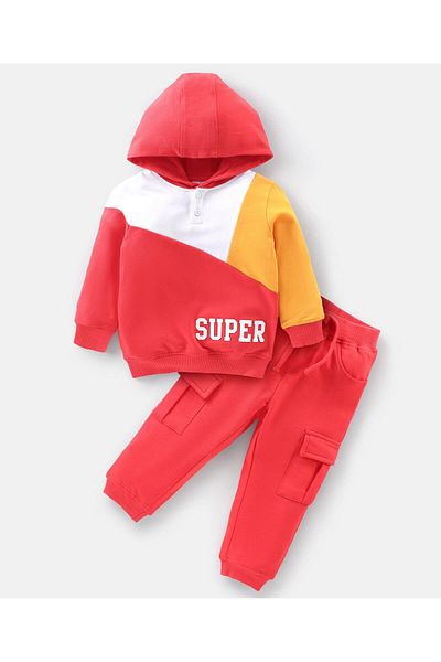 Babyhug Babyhug Cotton Knit Full Sleeve Hooded T-Shirt & Jogger Pants Set With Color Block Print -Multicolor