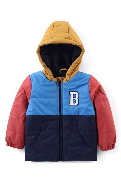 Babyhug Babyhug Woven Full Sleeves Padded Hooded Jacket With Cut & Sew Design & Patch Detailing -Multicolour