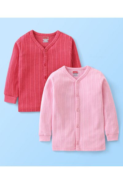 Babyhug Babyhug Cotton Full Sleeves Thermal Wear Striped Pack Of 2 - Pink & Coral