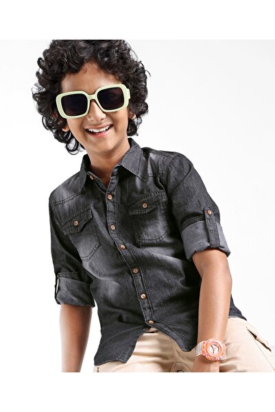 Pine kids Pine Kids Cotton Woven Full Sleeves Washed Denim Shirt - Black