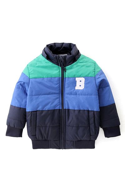Babyhug Babyhug Woven Full Sleeve Padded Hooded Jacket Colour Block Design & Patch -Navy Blue & Green