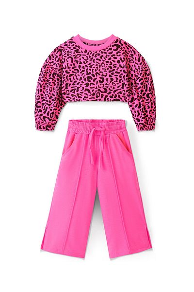 Ollington St. Ollington St. Winter Wear Set of Animal Print Cropped Sweatshirt with Knit Pants - Pink