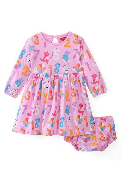 Babyhug Babyhug 100% Cotton Knit Full Sleeves Frock With Bloomer Numbers Print - Pink