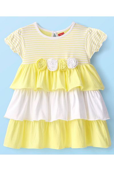 Babyhug Babyhug Cotton Knit Cap Sleeves Frilled Layered Frock with Floral Corsage - Yellow