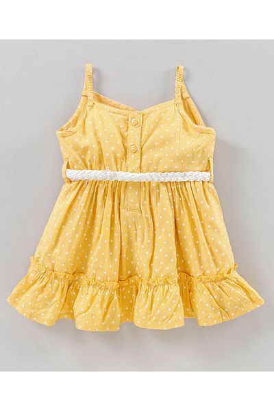 Babyhug Babyhug Singlet Sleeves Frock with Belt Polka Print - Cream