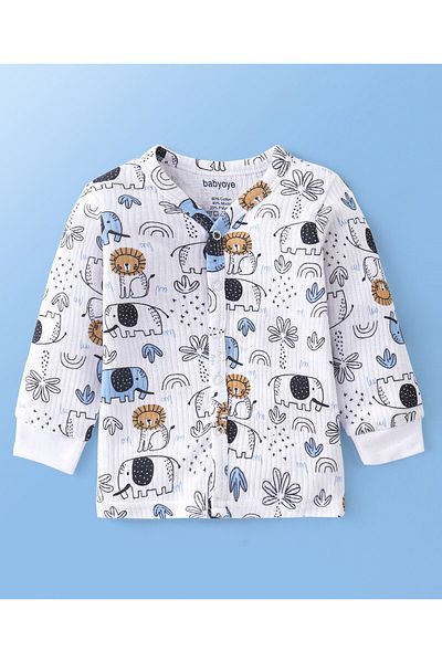 Babyoye Babyoye Thermal Cotton Modal Blend Full Sleeves Vest & Pajama Set Wild Animals Print - White