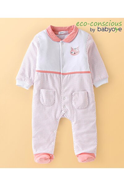 Babyoye Babyoye Eco Conscious 100% Cotton Fox  & Polka Dots Printed Winter Wear Footed Sleepsuit-White