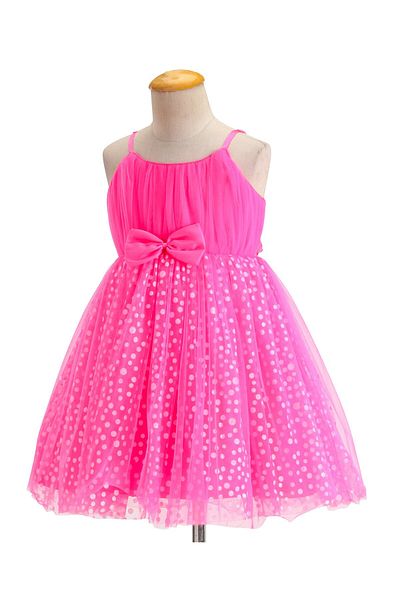 Babyhug Babyhug Sleeveless Shimmery Party Frock with Bow Applique - Hot Pink