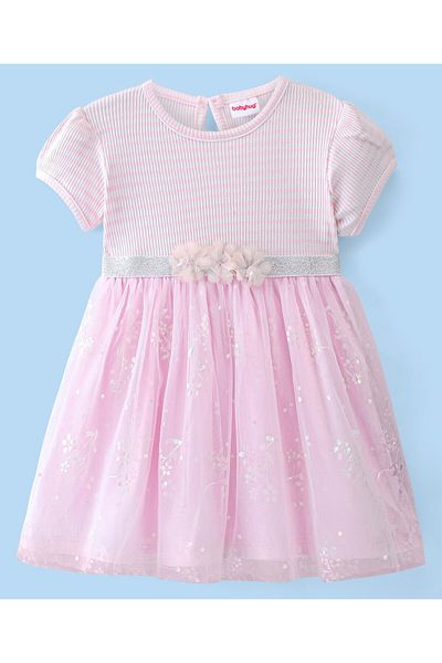 Babyhug Babyhug Cotton Knit Half Sleeves Frock With Floral Applique Print - Pink