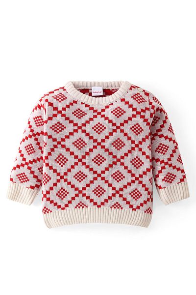 Babyhug Babyhug Knitted Full Sleeves Sweater Set with Argyle Design - Red & White