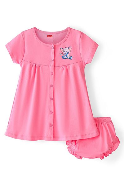Babyhug Babyhug 100% Cotton Knit Hlaf Sleeves Frock with Bloomer Elephant Print - Pink