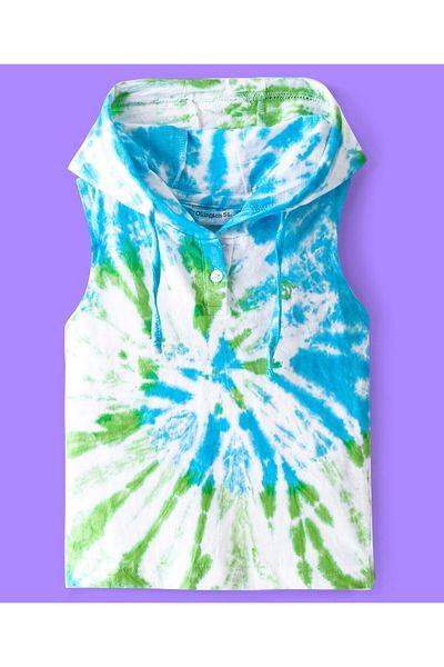 Ollington St. Ollington St. 100% Cotton Tie Dyed Co/ord Set of Sleeveless Hoodie Top & Joggers - Green & Blue