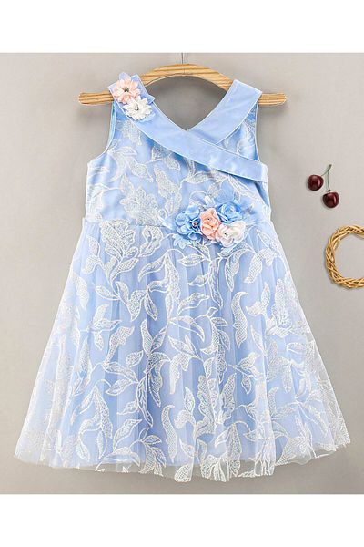 Babyhug Babyhug Sleeveless Party Wear Dress Floral Appliques - Frozen Blue