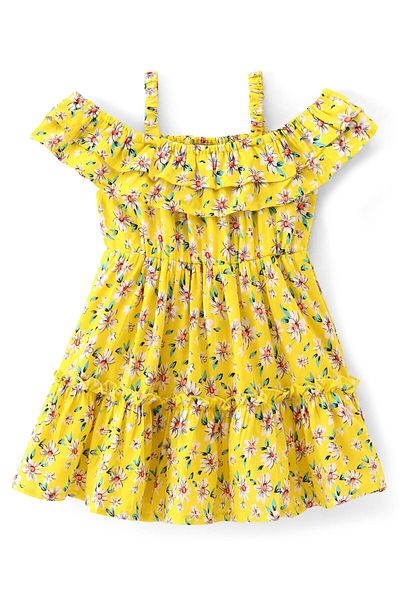 Babyhug Babyhug Viscose Half Sleeves Frock With Cotton Lining & Floral Embroidery - Yellow