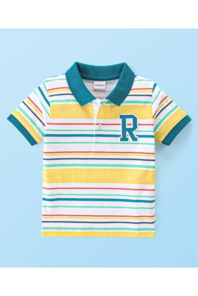 Babyhug Babyhug 100% Cotton Knit Half Sleeves Striped Polo T-Shirt with Graphics - Multicolour