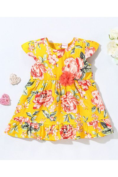 Babyhug Babyhug 100% Viscose Rayon Short Cap Sleeves Frock with Corsage Detailing  Floral Print - Yellow