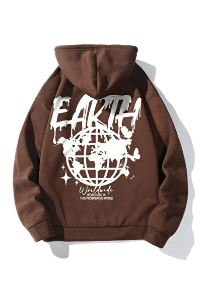FECCY Hanorac cu glugă din bumbac, unisex, bej, cu imprimeu Earth