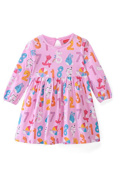 Babyhug Babyhug 100% Cotton Knit Full Sleeves Frock With Bloomer Numbers Print - Pink