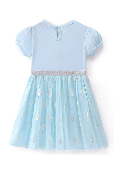 Babyhug Babyhug Knitted Half Sleeves Frock With Butterfly Applique & Print - Blue