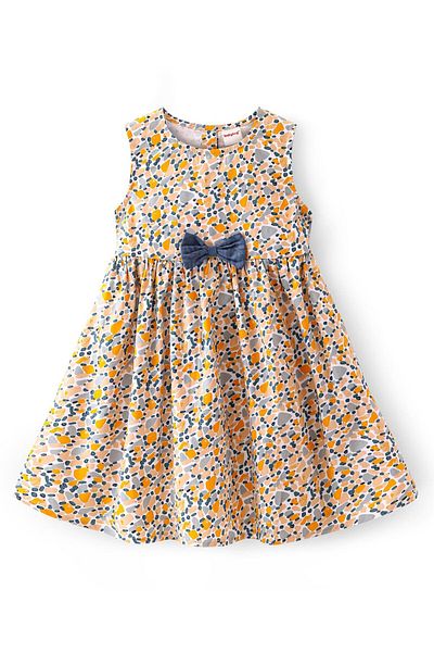Babyhug Babyhug 100% Viscose Woven Sleeveless Printed Frock with Bow Applique - White