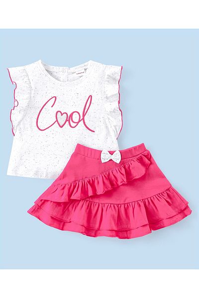Babyhug Babyhug Single Jersey Knit to Knit Sleeveless Top & Skirt With Text Print - White & Pink
