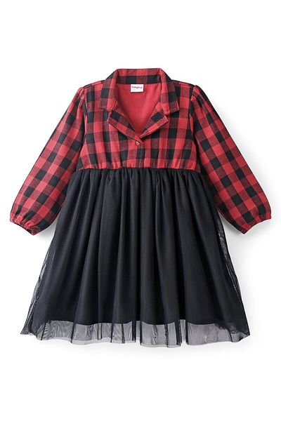 Babyhug Babyhug Cotton Woven Full Sleeves Frock With Mesh Hem & Yarndyed Checks - Red & Black