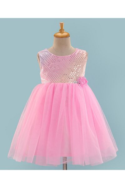 Babyhug Babyhug Woven Sleeveless Sequinned Party Frock With Floral Applique - Pink