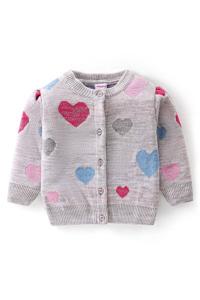 Babyhug Babyhug Knit Full Sleeves Front Open Sweater with Heart Design - Light Grey