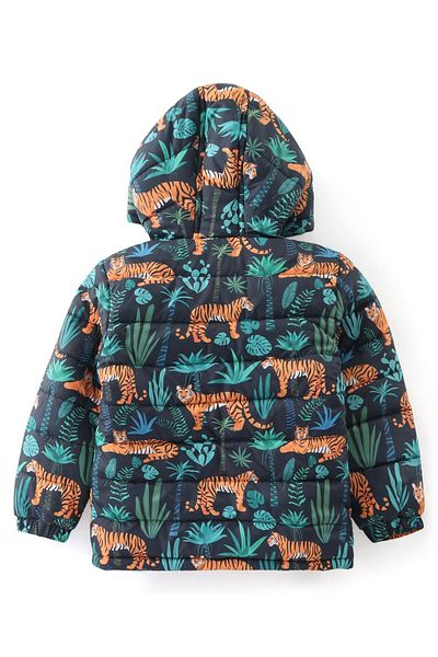 Babyhug Babyhug Woven Full Sleeves Front Open Padded Hooded Jacket with Tiger Print & Pockets - Green