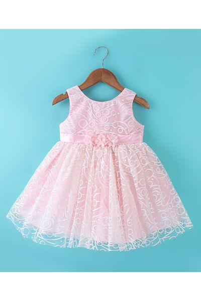 Babyhug Babyhug Sleeveless Corsage Detailing Glittery Party Frock - Peach