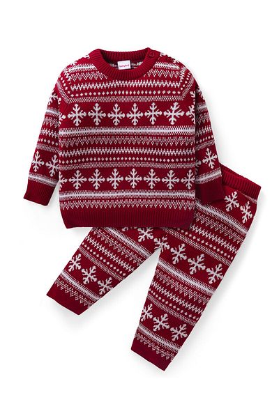 Babyhug Babyhug Knitted Full Sleeves Pullover Sweater & Pant Set with Snowflake Design - Red