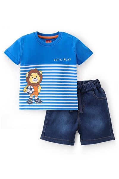 Babyhug Babyhug Single Jersey Knit Half Sleeves T-Shirt & Denim Shorts Set Stripes & Lion Print - Blue