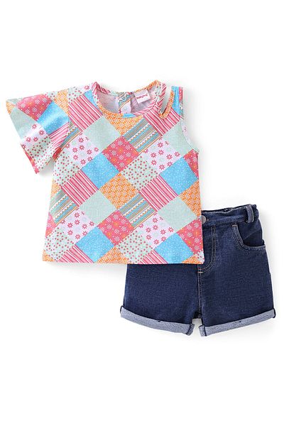 Babyhug Babyhug Cotton Half Sleeves Top & Shorts Set Floral Print- Pink Green & Blue
