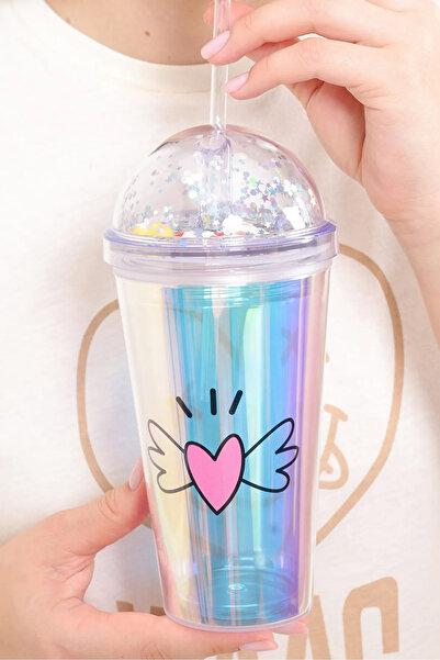 LEON LİFE Led Lighted Heart Themed Figured Glass with Straw, Mica and 450 ml